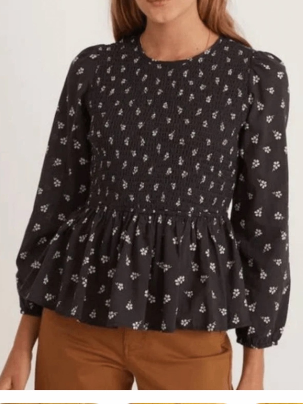 Marine Layer charcoal Smocked Peplum Blouse with White Ditsy Floral Sz M